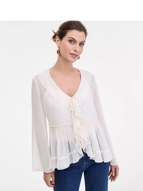 Women's Sheer Cream Ruffle Peplum Blouse with Tie Front Bell Sleeves Top Blouse